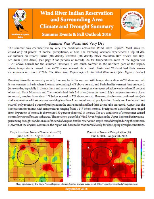 MRB Tribes and the DEWS Wind River Indian Reservation (USGS Grant) Drought Climate Summary Wind River Drought Plan Great Plains Tribal Water Alliance - (4 South Dakota tribes) Drought Vulnerability