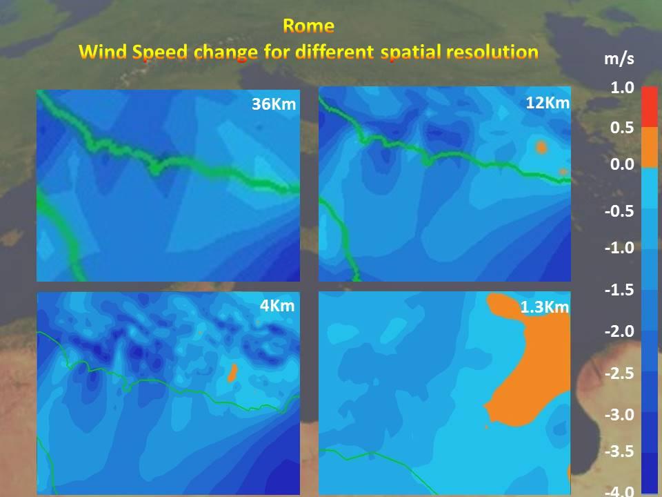 Spatial distribution of the average wind speed change at 36 Km/12 Km/4 Km/1.