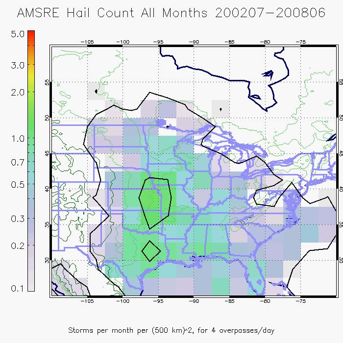 estimated the number of hailstorms seen by TMI and by the Advanced Scanning Microwave Radiometer for Earth Observing System (AMSR-E) on the Aqua satellite.