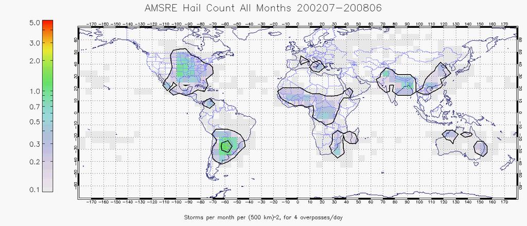 Figure 4. Percentage of Stormdata large hail reports each hour (local solar time), for Western U.S., Central U.S. (105-90 W), and Eastern U.S. Applying this method to AMSR-E observations globally yields the estimated hailstorm frequencies in Fig.