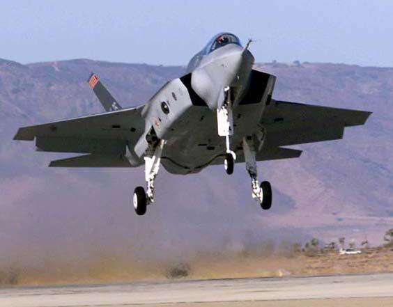 Below is a photograph of the Joint Strike Fighter (JSF). A lift fan (directly behind the cockpit) is driven by a shaft from the main engine to provide vertical take-off and landing capability.