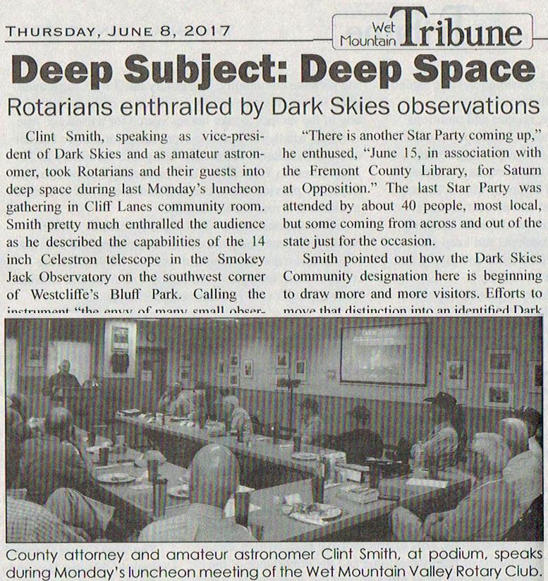 June, 2017: Dark Skies board member gives talk at the