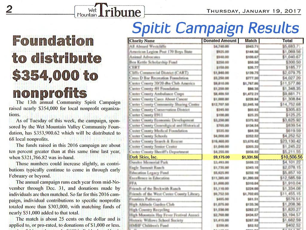 January, 2017: The Wet Mountain Tribune article announcing the results of the Spirit Campaign results.