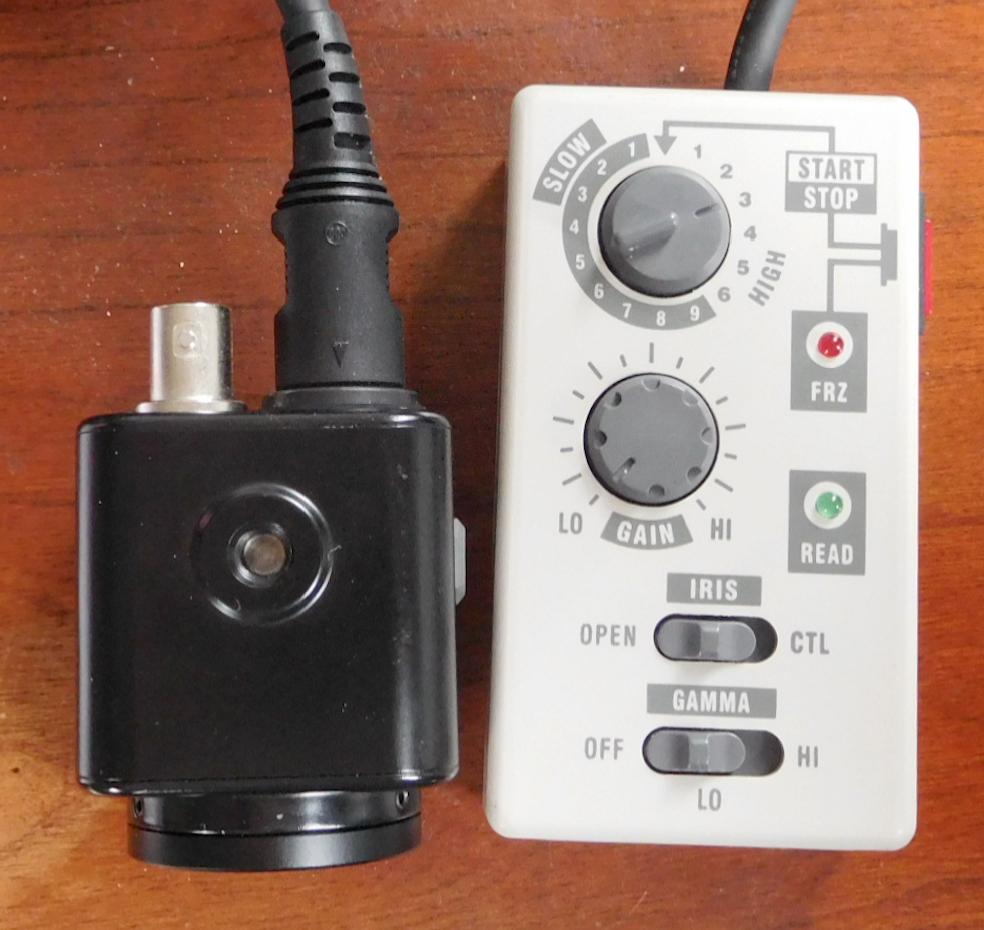 The video-rate electronic camera and its control paddle. The knob at the top of the paddle controls the exposure time.