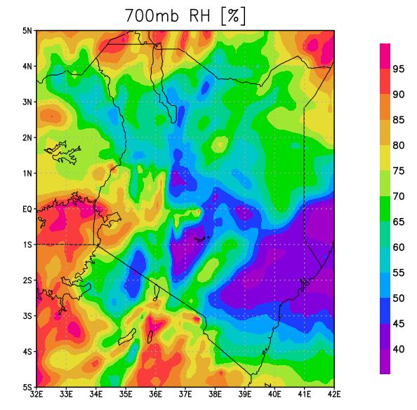 Source: WRF Model. Figure 7. RH at 700mb Figure 8 shows the contours of dew point temperatures at 2m. Dew point temperature is a measurement of low-level moisture content.