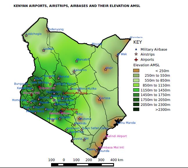 Area of Study Kenya boasts of six airports, two military airbases, and several airstrips located in the 47 counties. Figure 2 shows the study area. Figure 2. Map of Kenya, showing Airports, Airstrips, Airbases and Topography.