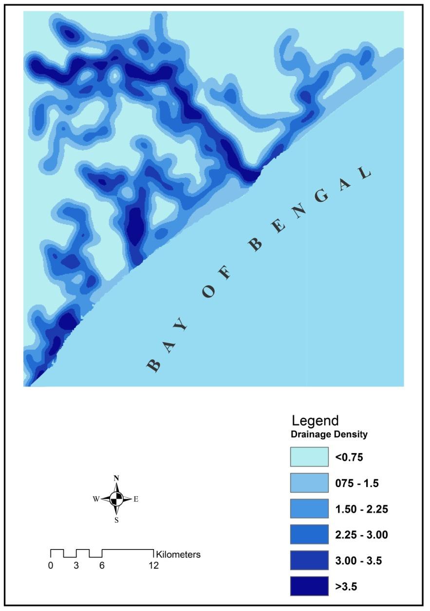 Drainage Density Map: From the above Drainage map, a density map is generated. In this density map, the values have been assigned depending on the density of the drainage pattern (figure 8).