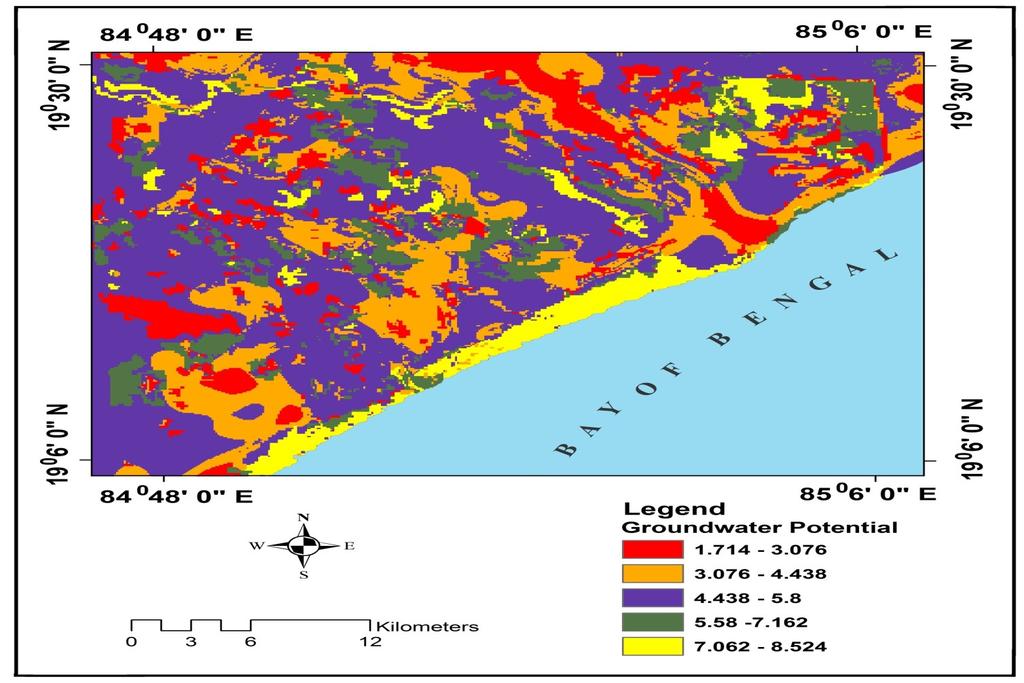 Figure 11 Groundwater Potential Map of the Study Area In the present study, the groundwater potential zones have been categorized into five types viz., excellent, very good, good, moderate and poor.