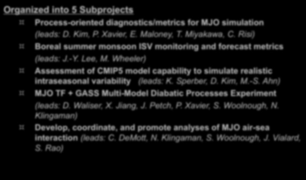 Wheeler) Assessment of CMIP5 model capability to simulate realistic intraseasonal variability (leads: K. Sperber, D. Kim, M.-S.