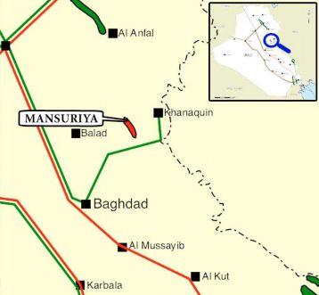 Mansuriya The Mansuriya field is located 50 kilometers northeast of Baquba city in Diyala provice, which is about 100 kilometers northeast of Baghdad.