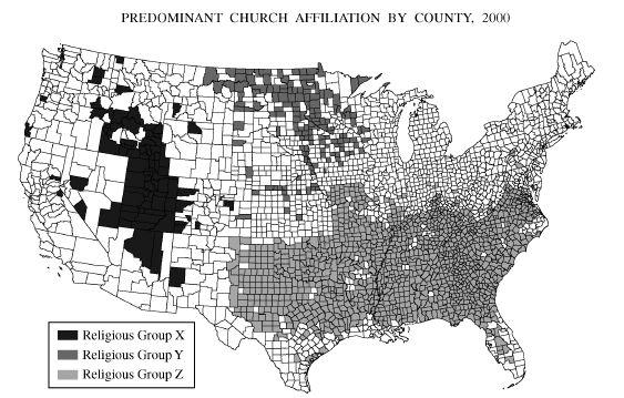 2009 1. The map above shows the distribution of three religious groups in the contiguous United States. A. Using the letters in the legend, name the three religious groups shown on the map. B.
