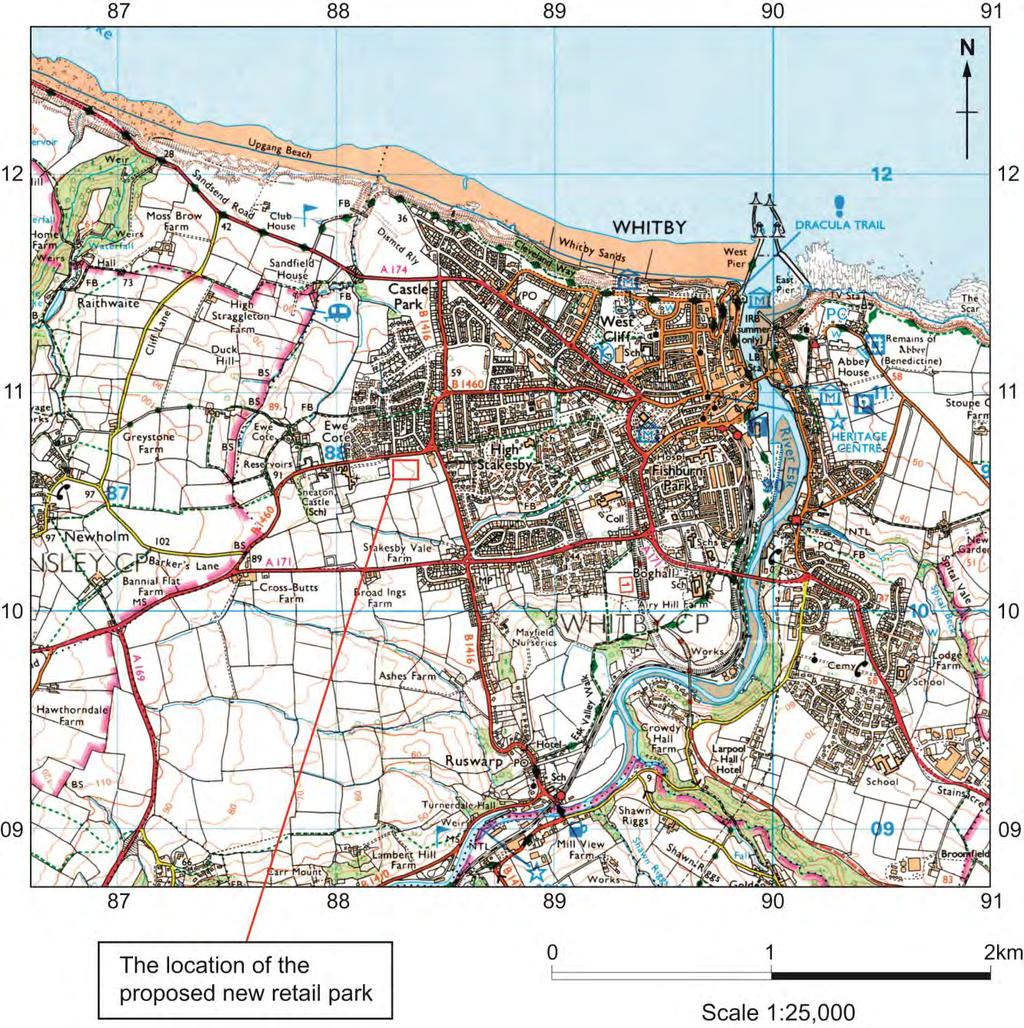 GCSE GEOGRAPHY B Sample Assessment Materials 7 (b) The O.S. map extract below shows the location of a proposed retail park on the edge of Whitby. Map 1.2 O.S. map extract at a scale of 1:25,000 (i) Use map evidence to complete the blank spaces below: [3] The name of the road at the northern edge of the proposed retail park.