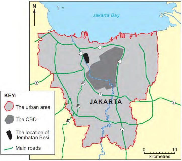 GCSE GEOGRAPHY B Sample Assessment Materials 9 (c) Study Map 1.3 below. It shows the location of Jembatan Besi, an informal settlement (or shanty town) in the city of Jakarta.