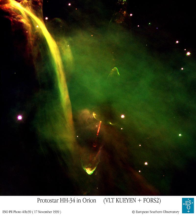 Example: Herbig-Haro 34 in Orion Jet along the axis visible as red (Balmer emission) Lobes at each end