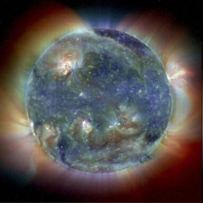 Sun in 3 different ultraviolet wavelengths.