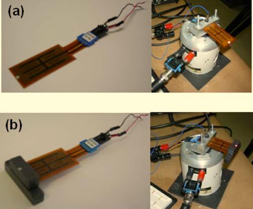 Fig. 9 Piezoelectric bimorph and its experimental base excitation with a shaker in clamped-free boundary conditions: a without a tip mass and b with a tip mass As discussed in Sec. 2.