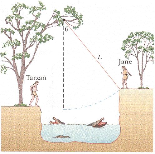 The vine is 10 meters long and starts out hanging straight down as shown by the dashed line. To swing up to Jane, Tarzan runs and jumps onto the vine.