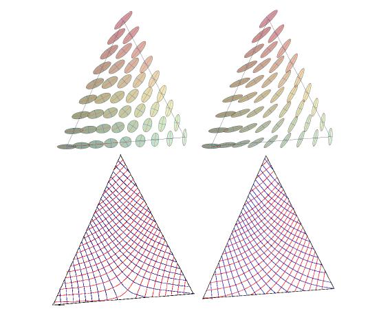 Interpolation Interpolation of sampled second-order tensor fields (2) Component-wise and eigenvectorsbased interpolations inside a triangle without degenerate point.