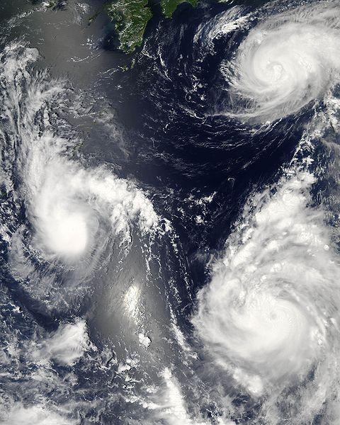 Three tropical cyclones at different stages of development. The weakest (left), demonstrates only the most basic circular shape.