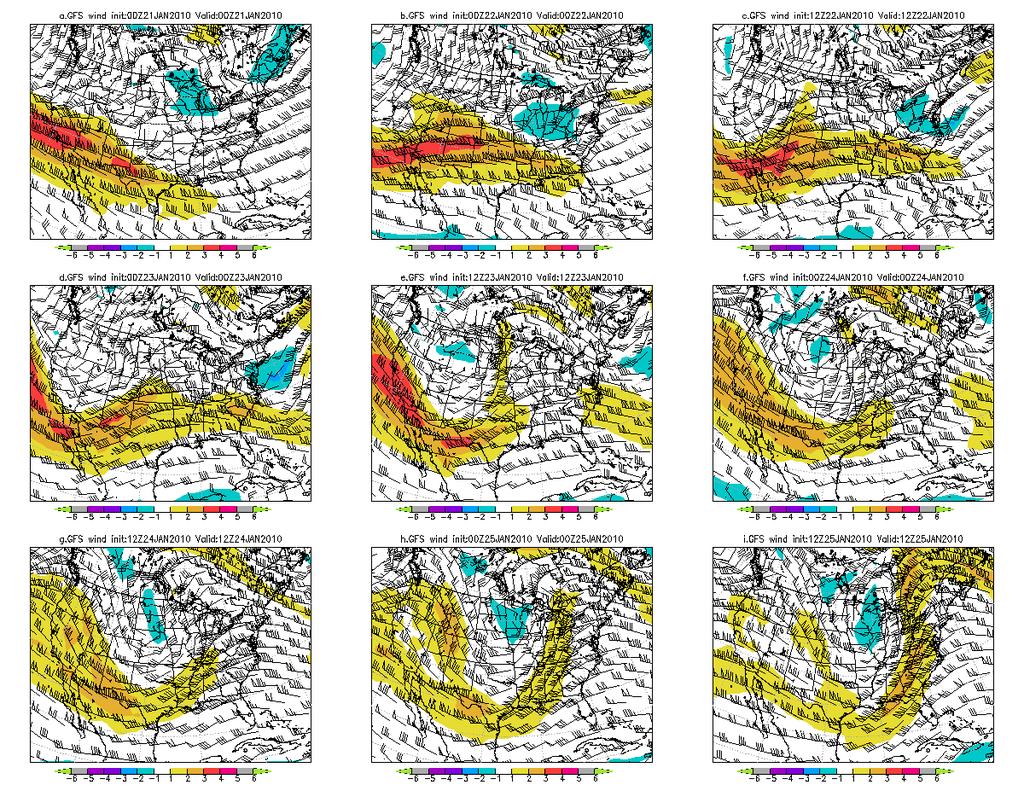 Figure 4. As in Figure 1 except showing GFS 00-hour forecasts of 250 hpa winds (kts) and total wind anomalies.