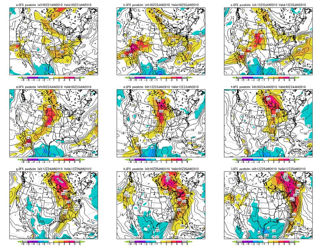 Figure 5. As in Figure 1 except showing NCEP GFS 00-hour forecasts of precipitable water and precipitable water anomalies.