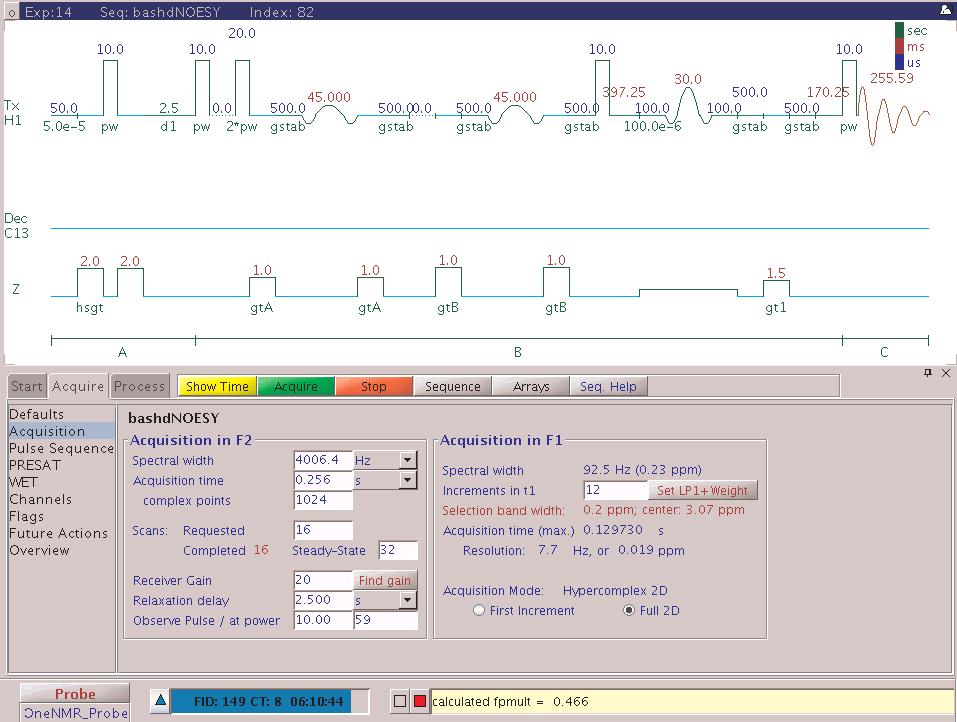 Figure 1. Pulse sequence display and acquisition panel of the band-selective 2D NOESY pulse sequence.