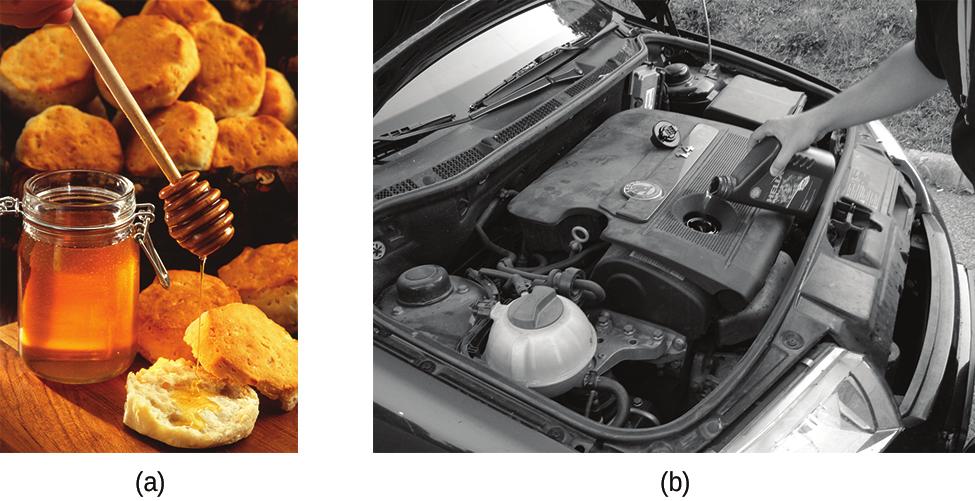 OpenStax-CNX module: m51078 Figure 1: 2 (a) Honey and (b) motor oil are examples of liquids with high viscosities; they ow slowly.