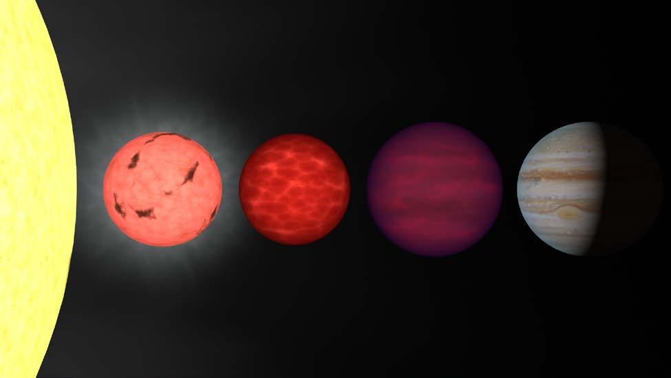 An artist's impression of the relative sizes and colors of the Sun, a red dwarf (M-dwarf), a hotter brown dwarf (Ldwarf), a cool brown dwarf (T-dwarf) similar to J1047+21, and the planet Jupiter.