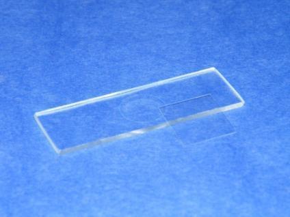 A small square piece of glass or plastic that is slipped over a drop or