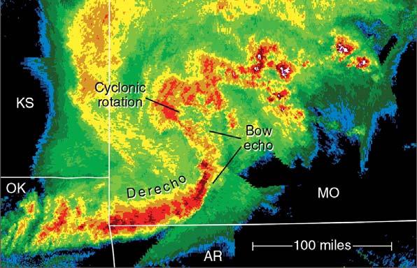 A Doppler radar image showing an intense squall line in the shape of a bow called a bow