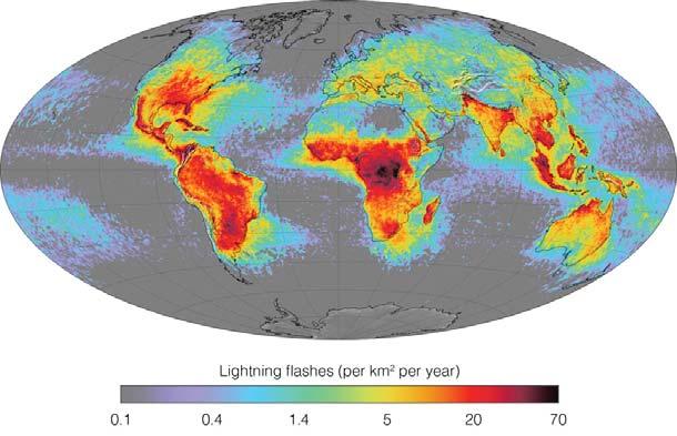 The average yearly number of lightning flashes per square