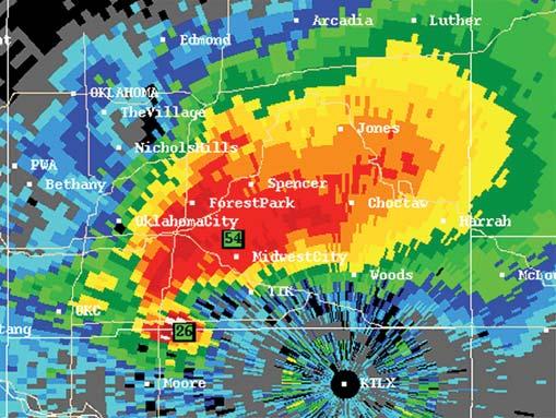 Regions beneath the supercell receiving precipitation are shown in color: green for light rain, yellow for heavier rain, and red for very