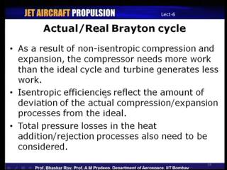 (Refer Slide Time: 43:39) So, as a result of this non isentropic compression expansion, the compressor of these needs more work than ideal cycle and the turbine generates less work than the ideal