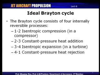 (Refer Slide Time: 03:57) And so, Brayton cycle as we know it consist of four processes, the ideal Brayton cycle consist of four internally reversible processes and there are two isentropic processes