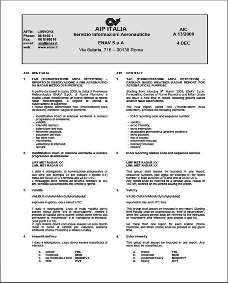 More More details about TAD code form and all information related to the new report are given in the AIC A13/2008, published by ENAV S.p.A. on 4 th December 2008.