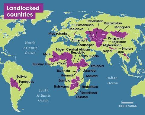 Map of landlocked countries: Mali, Niger, Chad, Burkina Faso, Central African Republic, South Sudan, Ethiopia, Uganda, Rwanda, Burundi, Malawi, Zambia, Zimbabwe, Botswana,