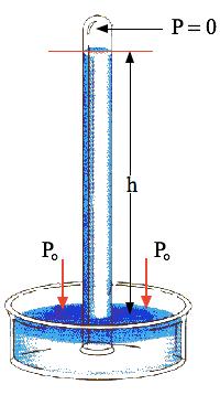 Barometer P! = hρg, i.e., h = P! ρg. P 1.01 10 5 Pa. Using water: ρ = 1 10 3 kg m 3, 1.01 10 5 Pa h = (1 10 3 kg m 3 )(9.81 m/s 2 ) 10 m. Using mercury: ρ = 13.