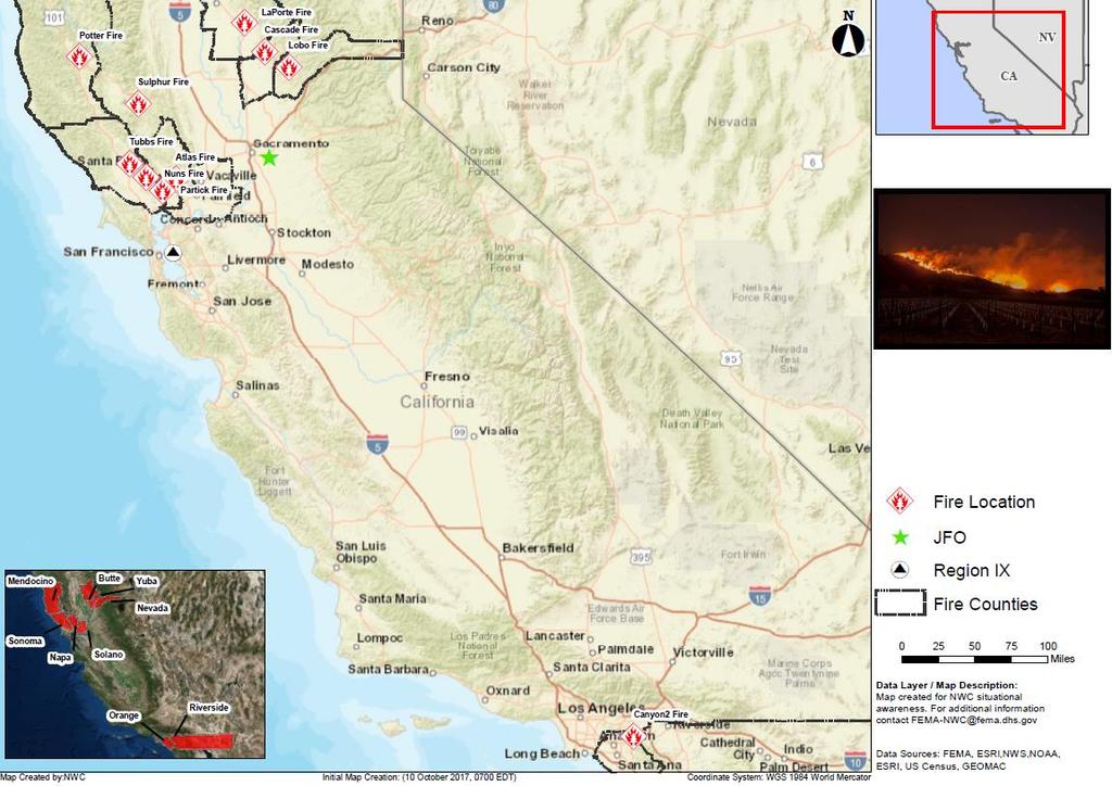 California Wildfires Current Situation 15 large fires burning approximately 96k acres of state and private land Impacts: 12 fatalities (unconfirmed) / 3 injuries (Media) 30,000 people under Mandatory