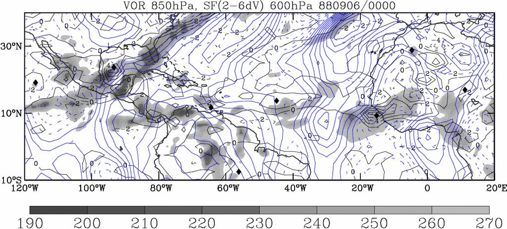 relative vorticity on 850hPa (black thin contours, positive values solid, negative is dashed) and