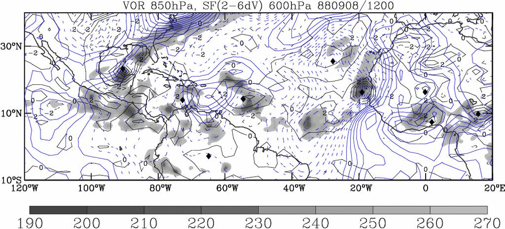 The location of the synoptic-scale trough lines of the AEW that is associated with Gilbert in 1988 (a: as