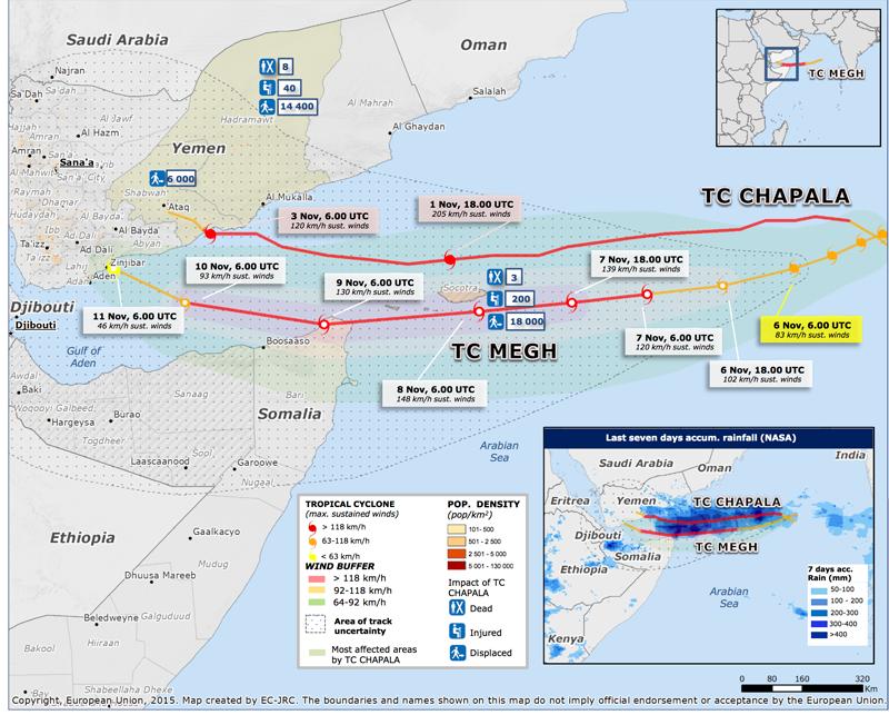 Tropical cyclones Megh and Chapala (6 November 2015) Tropical cyclone Chapala landed on the southern coast of Yemen on 3 November.