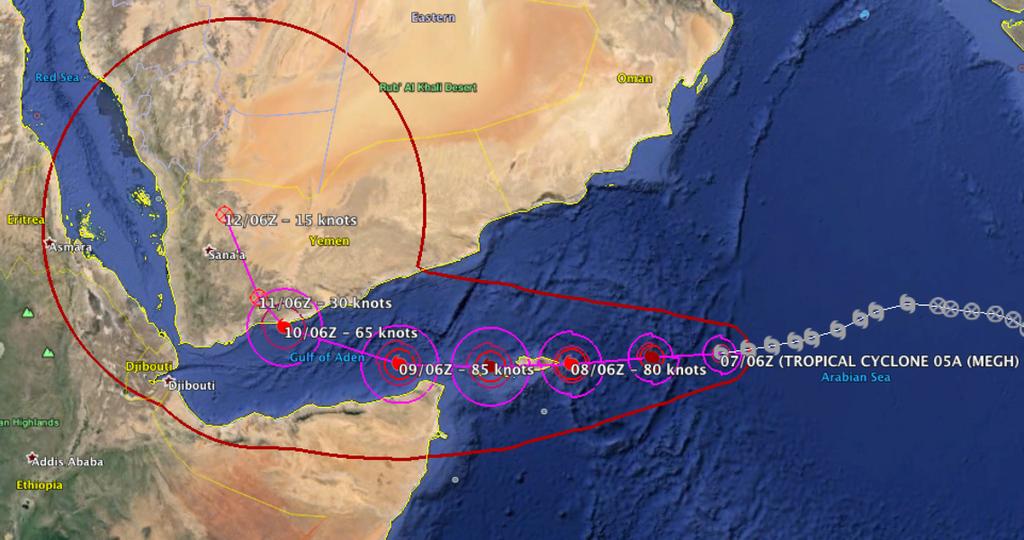Socotra Tropical cyclone Megh - track forecast (7 November 2015, 09:00 GMT) Tropical cyclone Megh is expected to west from the Arabian Sea to the island of Socotra, Yemen followed by the northeastern