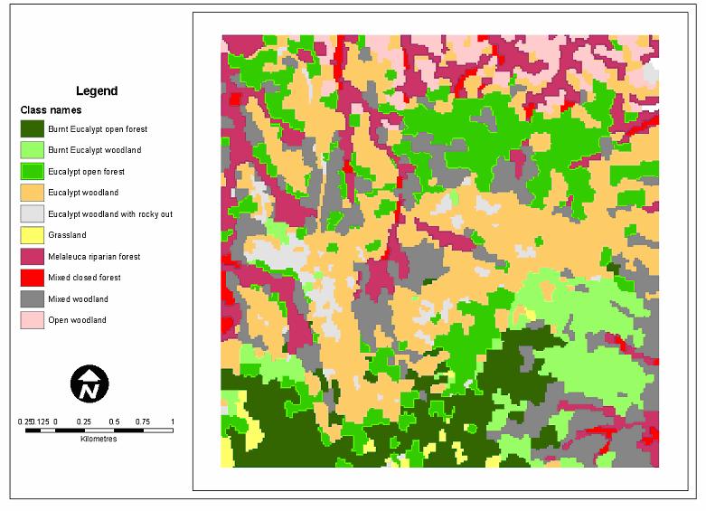 Figure 5: Level 1 classified image. Table 3: Areas (ha) classified for level 1 classification. Class ID Class code Class name No. objects Area (ha) 1 Burnt Eucalypt open forest 128 228.