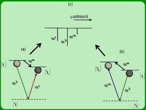 Figure 28.2 Quantum picture describing (a) Raman Stokes scattering (b) Raman anti-stokes scattering (c) Raman Frequency spectrum Important!