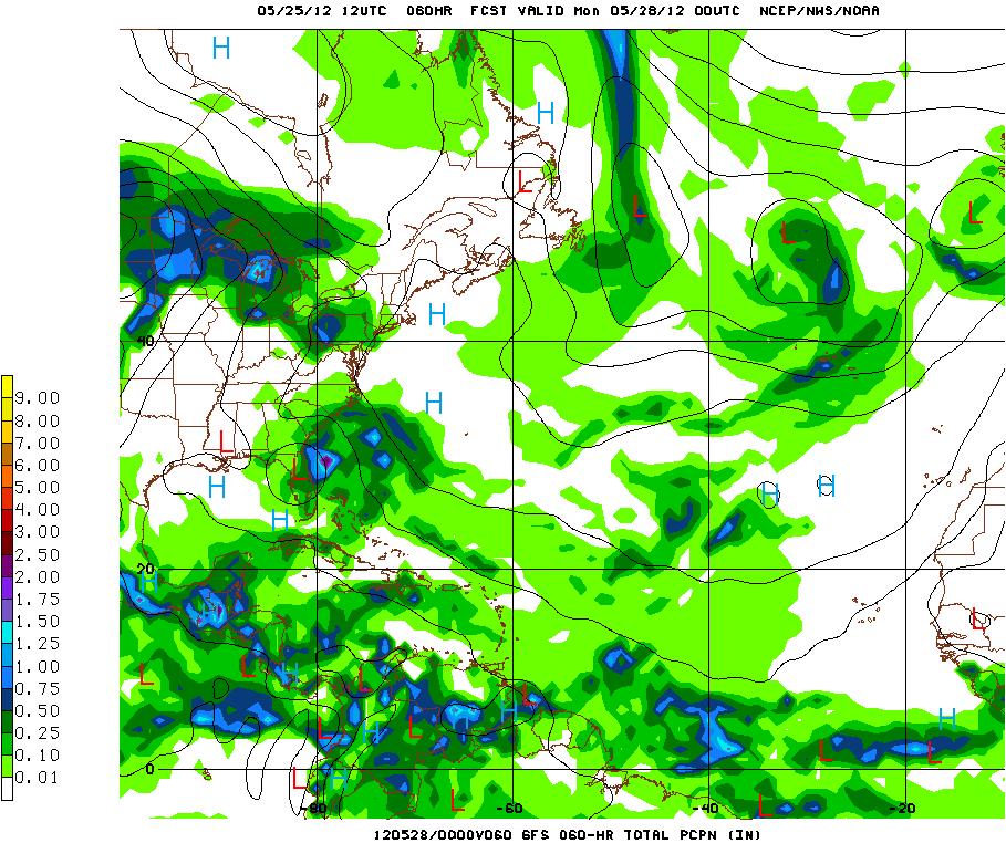 Figure 4 60- hr GF S Model rainfall projection valid for 6:00 pm, Sunday, May 27, 2012, showing 24 hour rainfall