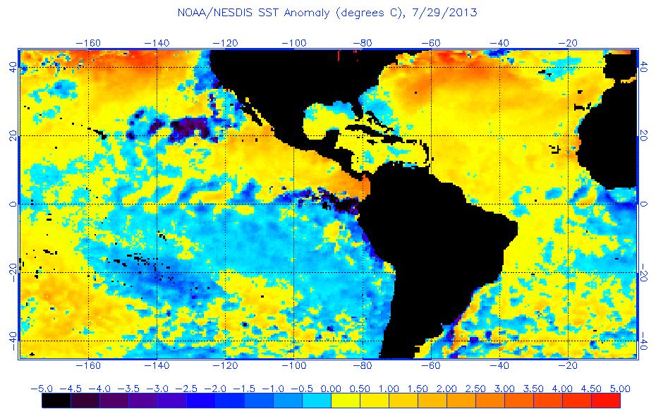 Figure 11: Current SST anomalies as estimated by NOAA/NESDIS. In general, warm anomalies still predominate in the tropical and subtropical Atlantic despite the recent cooling shown in Figure 10.