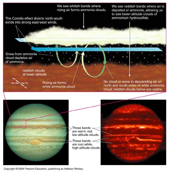 Like Earth, Jupiter has circulation cells in its atmosphere. Jupiter is much larger & rotates much faster.