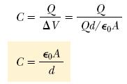 The surface charge density on either plate is σ = Q/A.
