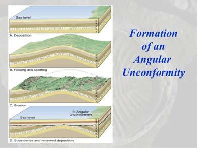 Formation of an angular unconformity involves folding, uplift and erosion of