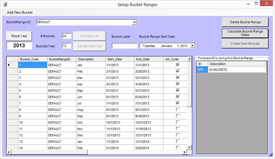Setup Forecast Tables: Bucket Ranges: Advanced Forecast Module Forecasting buckets are user defined, with a start and end date.